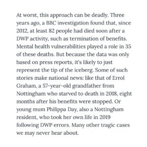 Nadia Whittome Instagram - For @leftlionmagazine, I wrote about the Tories’ attacks on benefit claimants.

Shaming people who are disabled or unwell won’t magically make them fit to work. Neither will plunging them into destitution.

We need a welfare system that treats people with dignity.

This #MentalHealthAwarenessWeek, we don’t need platitudes.

People struggling with mental illness need:

- Well funded NHS services
- A welfare system that doesn’t dehumanise them
- An end to the stigma which the Tory government is perpetuating.

Link in bio.