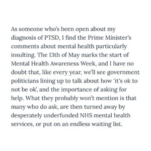 Nadia Whittome Instagram - For @leftlionmagazine, I wrote about the Tories’ attacks on benefit claimants.

Shaming people who are disabled or unwell won’t magically make them fit to work. Neither will plunging them into destitution.

We need a welfare system that treats people with dignity.

This #MentalHealthAwarenessWeek, we don’t need platitudes.

People struggling with mental illness need:

- Well funded NHS services
- A welfare system that doesn’t dehumanise them
- An end to the stigma which the Tory government is perpetuating.

Link in bio.