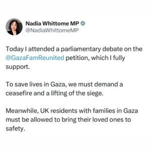 Nadia Whittome Instagram - Today I attended a parliamentary debate on the @gazafamiliesreunited petition for a Palestinian Family Visa Scheme. 

See my thread 👆🏽