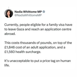 Nadia Whittome Instagram - Today I attended a parliamentary debate on the @gazafamiliesreunited petition for a Palestinian Family Visa Scheme. 

See my thread 👆🏽