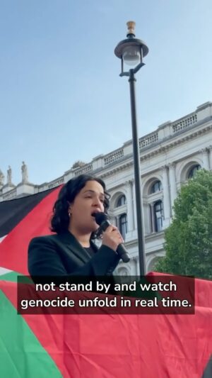 Nadia Whittome Instagram - On Tuesday I spoke at a @palestinesolidarityuk rally in front of 10 Downing Street.

My message: we must not stand by and watch genocide unfold in real time.

Keep protesting. Keep putting pressure on our government. Keep demanding a ceasefire now and an end to the illegal occupation. 🇵🇸