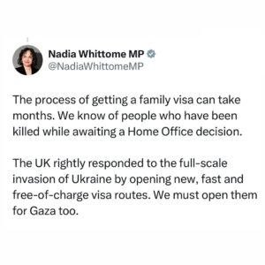 Nadia Whittome Instagram - Today I attended a parliamentary debate on the @gazafamiliesreunited petition for a Palestinian Family Visa Scheme. 

See my thread 👆🏽