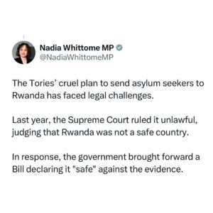 Nadia Whittome Instagram - The Rwanda Bill is an affront to humanity, the rule of law and basic common sense. My thread 🧵