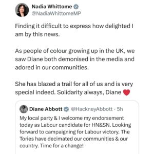 Nadia Whittome Instagram - Solidarity always, @officialhackneyabbott ✊🏽