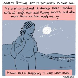 Natalie Nourigat Instagram - #ChroniquesIllustrées ✍️  

🤩 Vous avez cru que c'était fini ? Et bien il y en a encore !

🎨 La dernière journée du Festival d'Annecy racontée par Natalie Nourigat @tallychyck en dessins c'est ici !  

🎬 Au programme de cette dernière journée : des au revoir aux amis, des rires et des pleurs devant les 36 films de commande en compétition, de l'adoration devant les premières images d'"Arcane" et les tendances des bandes-annonces animées pour les jeux vidéo et les produits dérivés.  

🤗 Et pour finir en beauté, une projection de courts métrages Jeune public !

❤️ Un grand merci à @tallychyck et @eupholie pour leurs chroniques à la fois émouvantes, drôles et qui permettent de découvrir le Festival à distance !

//

#IllustratedChronicles ✍️  

🤩 Just when you thought it was over – there's more! 

🎨 Here are Natalie Nourigat @tallychyck's sketches of Annecy Festival's last day!  

🎬 On the final day's programme: goodbyes to friends, laughter and tears watching the 36 competing commissioned films, adoration for the first look at "Arcane", the latest trends in animated trailers for video games and spin-off products.  

🤗 And to finish on a high, some short film screenings for Young Audiences! 

❤️ A big shout out to @tallychyck and @eupholie for their moving and amusing chronicles, which helped you experience the Festival from afar!

_

_

_

#annecyfestival #animation #annecy #chroniquesillustrées #illustration #drawing  #cinema #filmanimation