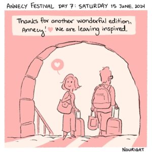 Natalie Nourigat Instagram - #ChroniquesIllustrées ✍️  

🤩 Vous avez cru que c'était fini ? Et bien il y en a encore !

🎨 La dernière journée du Festival d'Annecy racontée par Natalie Nourigat @tallychyck en dessins c'est ici !  

🎬 Au programme de cette dernière journée : des au revoir aux amis, des rires et des pleurs devant les 36 films de commande en compétition, de l'adoration devant les premières images d'"Arcane" et les tendances des bandes-annonces animées pour les jeux vidéo et les produits dérivés.  

🤗 Et pour finir en beauté, une projection de courts métrages Jeune public !

❤️ Un grand merci à @tallychyck et @eupholie pour leurs chroniques à la fois émouvantes, drôles et qui permettent de découvrir le Festival à distance !

//

#IllustratedChronicles ✍️  

🤩 Just when you thought it was over – there's more! 

🎨 Here are Natalie Nourigat @tallychyck's sketches of Annecy Festival's last day!  

🎬 On the final day's programme: goodbyes to friends, laughter and tears watching the 36 competing commissioned films, adoration for the first look at "Arcane", the latest trends in animated trailers for video games and spin-off products.  

🤗 And to finish on a high, some short film screenings for Young Audiences! 

❤️ A big shout out to @tallychyck and @eupholie for their moving and amusing chronicles, which helped you experience the Festival from afar!

_

_

_

#annecyfestival #animation #annecy #chroniquesillustrées #illustration #drawing  #cinema #filmanimation