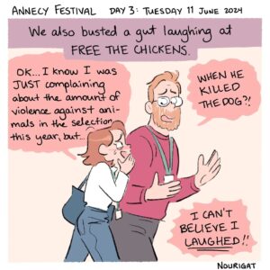 Natalie Nourigat Instagram - #ChroniquesIllustrées ✍️
🎨 Retour sur la troisième journée du Festival d'Annecy avec l'illustratrice Natalie Nourigat @tallychyck !

✏️ Une journée remplie en émotions et découvertes : des courts métrages drôles, touchants et originaux, du fromage, des rencontres et retrouvailles, la bise française contre les hugs américains et des illustrations de passants... Une belle journée au coeur d'Annecy !

🤩 Rendez-vous toute la semaine pour la suite des aventures #illustrées !

// 

#IllustratedChronicles ✍️    
🎨 Illustrator Natalie Nourigat @tallychyck gives us a recap of the Annecy Festival’s third day!   
  
✏️ A day overflowing with emotions and discoveries: amusing, moving and original short films, cheese, meetings and reunions, the French kiss or the American hug and illustrations of passers-by… A fabulous day in the heart of Annecy! 
  
🤩 Stay tuned throughout the week for more #illustrated adventures!   
-
-
-
#annecyfestival #animation #annecy #chroniquesillustrées #illustration #drawing #cinema #filmanimation