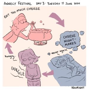 Natalie Nourigat Instagram - #ChroniquesIllustrées ✍️
🎨 Retour sur la troisième journée du Festival d'Annecy avec l'illustratrice Natalie Nourigat @tallychyck !

✏️ Une journée remplie en émotions et découvertes : des courts métrages drôles, touchants et originaux, du fromage, des rencontres et retrouvailles, la bise française contre les hugs américains et des illustrations de passants... Une belle journée au coeur d'Annecy !

🤩 Rendez-vous toute la semaine pour la suite des aventures #illustrées !

// 

#IllustratedChronicles ✍️    
🎨 Illustrator Natalie Nourigat @tallychyck gives us a recap of the Annecy Festival’s third day!   
  
✏️ A day overflowing with emotions and discoveries: amusing, moving and original short films, cheese, meetings and reunions, the French kiss or the American hug and illustrations of passers-by… A fabulous day in the heart of Annecy! 
  
🤩 Stay tuned throughout the week for more #illustrated adventures!   
-
-
-
#annecyfestival #animation #annecy #chroniquesillustrées #illustration #drawing #cinema #filmanimation