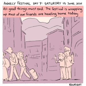 Natalie Nourigat Instagram - #ChroniquesIllustrées ✍️  

🤩 Vous avez cru que c'était fini ? Et bien il y en a encore !

🎨 La dernière journée du Festival d'Annecy racontée par Natalie Nourigat @tallychyck en dessins c'est ici !  

🎬 Au programme de cette dernière journée : des au revoir aux amis, des rires et des pleurs devant les 36 films de commande en compétition, de l'adoration devant les premières images d'"Arcane" et les tendances des bandes-annonces animées pour les jeux vidéo et les produits dérivés.  

🤗 Et pour finir en beauté, une projection de courts métrages Jeune public !

❤️ Un grand merci à @tallychyck et @eupholie pour leurs chroniques à la fois émouvantes, drôles et qui permettent de découvrir le Festival à distance !

//

#IllustratedChronicles ✍️  

🤩 Just when you thought it was over – there's more! 

🎨 Here are Natalie Nourigat @tallychyck's sketches of Annecy Festival's last day!  

🎬 On the final day's programme: goodbyes to friends, laughter and tears watching the 36 competing commissioned films, adoration for the first look at "Arcane", the latest trends in animated trailers for video games and spin-off products.  

🤗 And to finish on a high, some short film screenings for Young Audiences! 

❤️ A big shout out to @tallychyck and @eupholie for their moving and amusing chronicles, which helped you experience the Festival from afar!

_

_

_

#annecyfestival #animation #annecy #chroniquesillustrées #illustration #drawing  #cinema #filmanimation