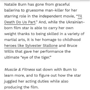 Natalie Burn Instagram - FRONT PAGE of MUSCLE AND FITNESS MAGAZINE!!! @muscleandfitness 
Thank you for this amazing article by @seen_everywhere
Movie @tildeathdouspart.2023 
PR @marquepr 
Photographer @donqhannahphotography 
📰🎥💙 Scroll 👈 How Natalie Burn channeled @officialslystallone to become an Action Film Star