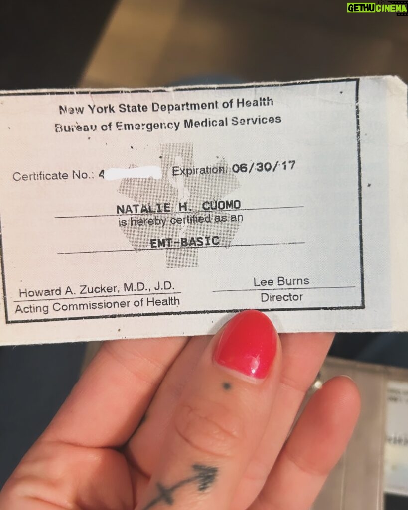 Natalie Cuomo Instagram - Found my old EMT certificate, sometimes I’m in awe of how many lives we all live, I feel like a cat 🐈