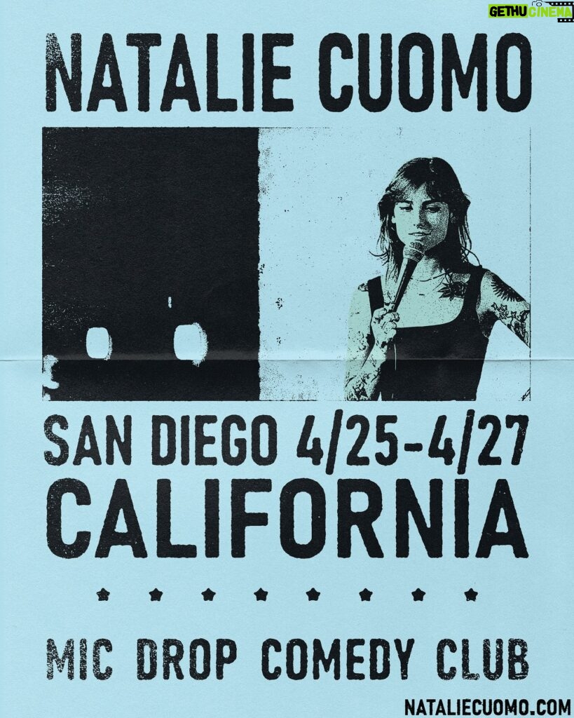 Natalie Cuomo Instagram - SAN DIEGO🌴☀️❤️ Let’s have some fun in the sun!! (Well we’ll be in a dark room) but I promise there will be loads of laughs. Can’t wait for another amazing 5 show weekend in this amazing city at @micdropcomedysandiego ! Tickets available on my website!!! 🎨 poster by @jenna_sunday