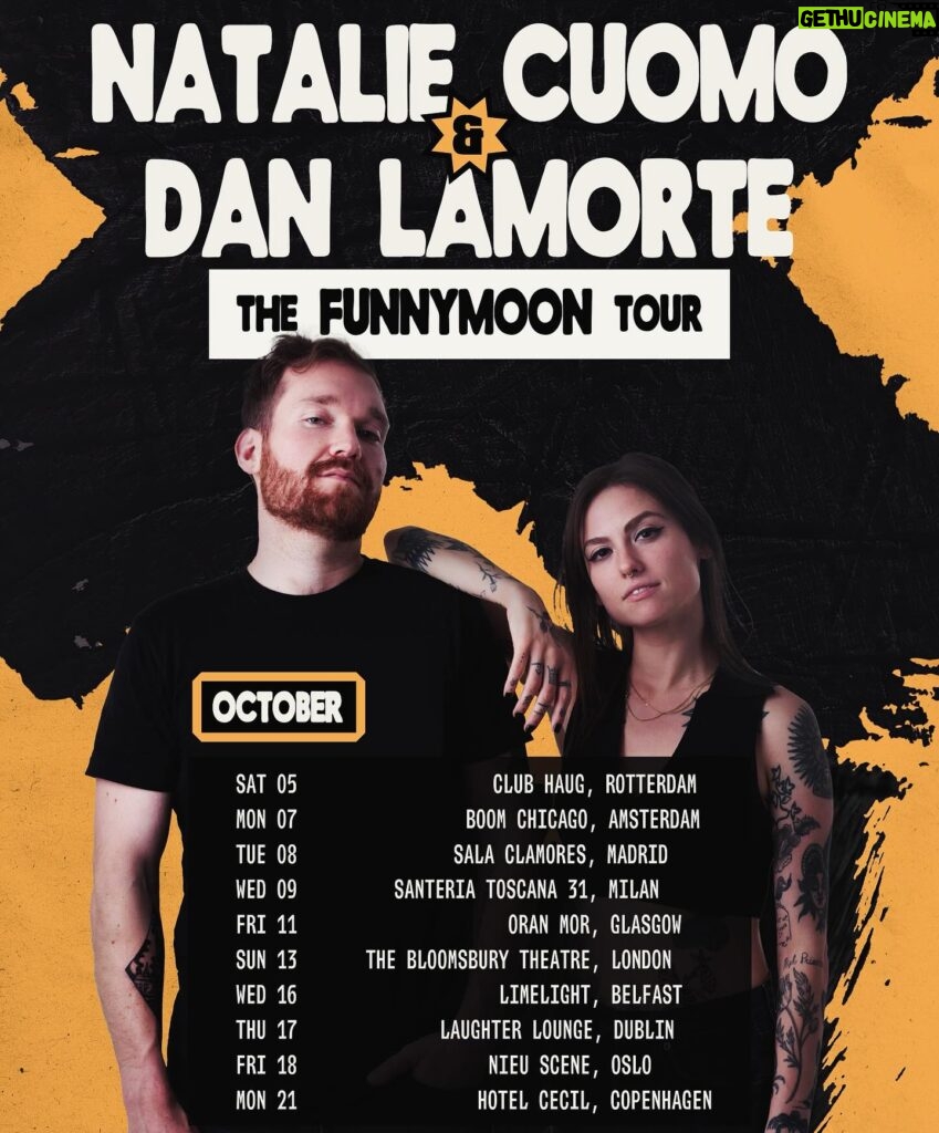 Natalie Cuomo Instagram - When tickets to your first European tour go on sale 🥳😛🤩!! Swipe for (10!!) cities & dates! Tix for The FunnyMoon Tour available at the ⛓️‍💥 in our bios! @livenationuk