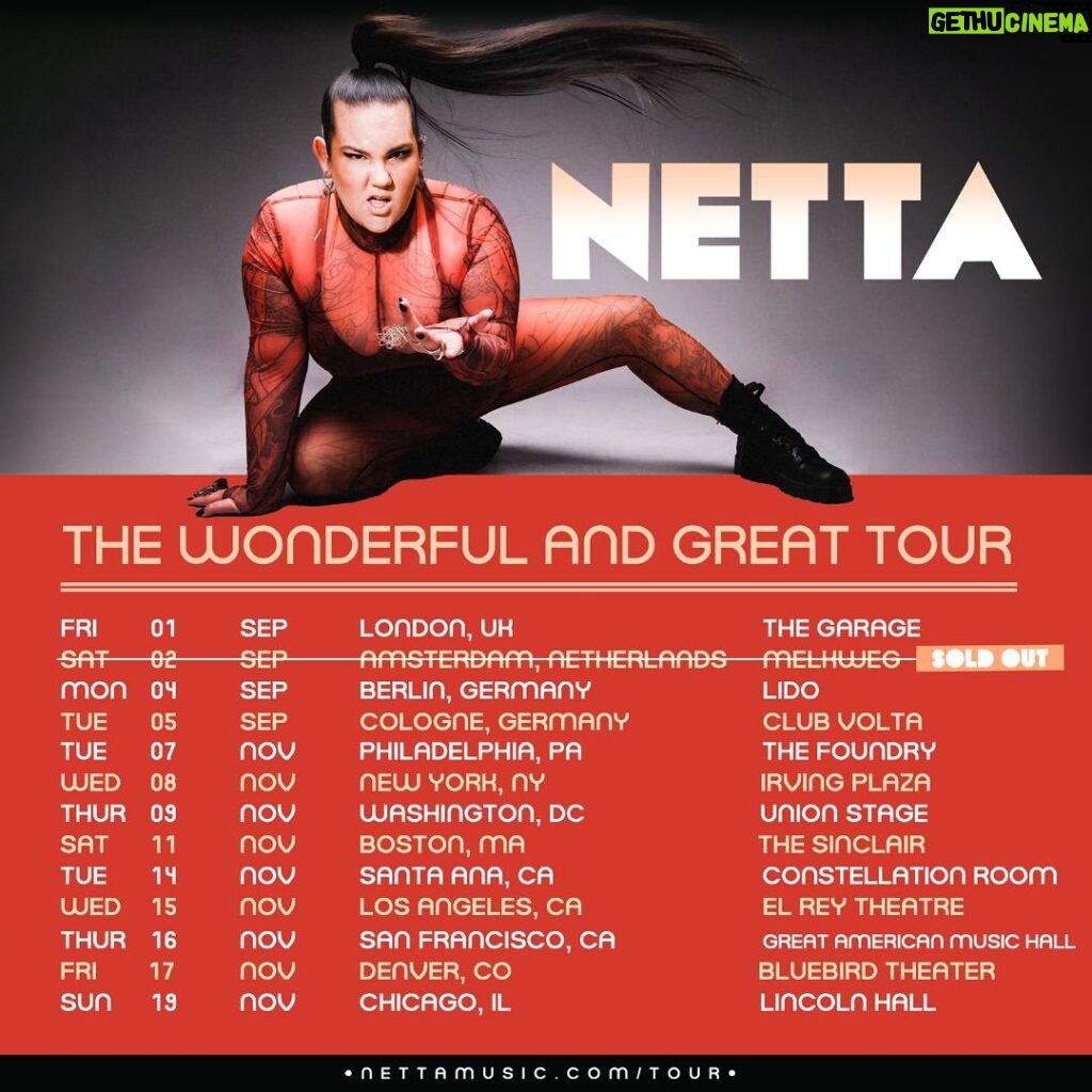Netta Instagram - The WONDERFUL & GREAT TOUR is just around the corner and Amsterdam is SOLD OUT !! Link in bio to snag your tickets for the rest of these wonderful and great shows. 💕💕💕Can’t wait to see all of your gorgeous faces and sing our lungs out !!!