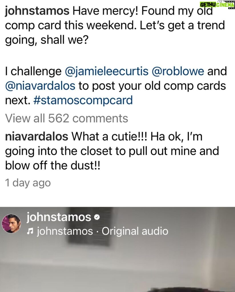 Nia Vardalos Instagram - Swipe! Challenge accepted @johnstamos and even though I don’t have a comp card because I wasn’t a teen idol like you, my head was. I challenge my comedy idols @princesstagram & @raedratch to find your own hair band days headshots and post your best composite!! #stamoscompcard #jamieleecurtis #roblowe #johnstamos