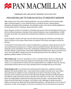 Nicola Sturgeon Instagram - Very excited to be doing this. I've always had an ambition to write.
It is slightly bitter sweet today, though, as I head to the funeral of my uncle, the journalist Iain Ferguson. This is something that I always hoped we might work together on some day. 
Instead, it will be a book I dedicate to him