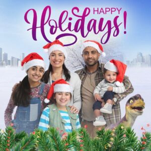 Nicola Correia Damude Instagram - Happy Holidays From our Dino Dana Family to yours!❤️🎉❤️ #dinodana #dinodanathemovie @sinkingshipent #family #familyholiday (Repost: @thedinodana ) @actradiversityto #representation #representationmatters #blendedfamily