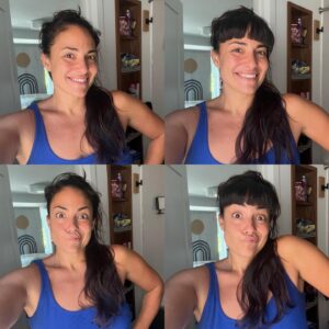 Nicola Correia Damude Instagram - Trying on some fake hair before I decide on a haircut. (‘Cause that’s a thing people do right?!🤣) Cast your votes! #haircut #bangs #midlifecrisis #changeitup