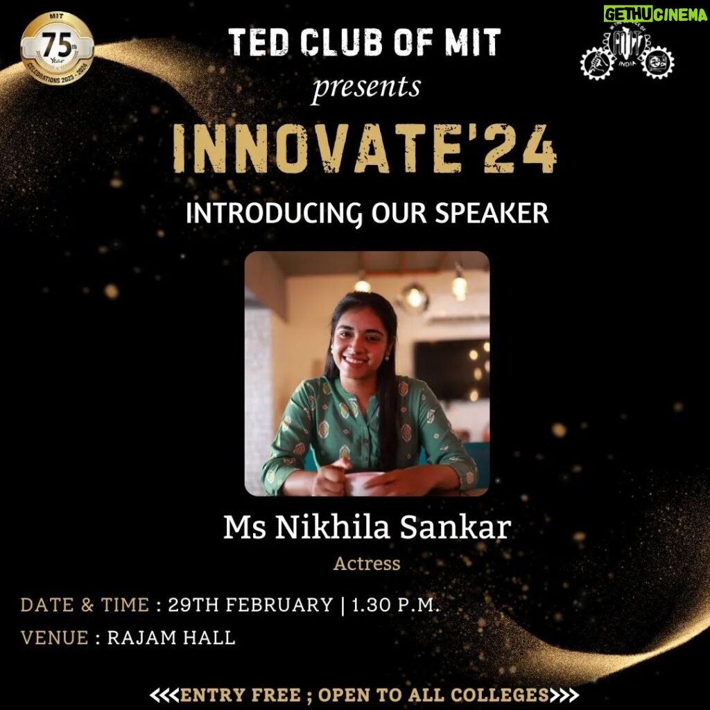 Nikhila Sankar Instagram - Up next on our speaker roster is the renowned Ms. Nikhila Sankar.✨ A versatile talent and a multi faceted personality who thrives as a dubbing artist, singer and an engineer. She's the celebrated actress from the recent blockbuster "Lover"❤️ Catch her insipiring talk on 29th February 2024, at Rajam Hall, MIT Campus.💫 Registration link in BIO ‼️‼️ PC : @i_s_h_u_17_ #ted #tedx #tedcmit #innovate24iscoming #speaker #staytuned