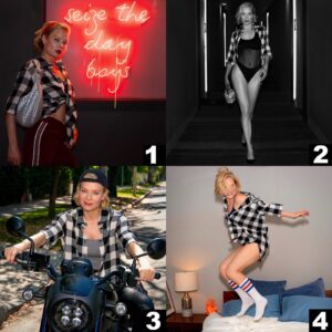 Nina Bergman Instagram - Which Nina….. 1,2,3 or 4??

Flannel shirt by @masai_us all vegan and cruelty free fashion 🕺🏼 Swipe👉🏻👉🏻👉🏻👉🏻 
Shirt & Nina made in Denmark🇩🇰 

Special thanks to @honda_powersports_us for the #motorcycle @meliebianco for the #veganbags  #blackswimsuit by @trap_anna  and @therealdanielbernhardt for the #location and of course all #veggies that went into creating this body🙏🏻