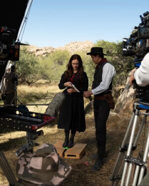 Olivia Sanabia Instagram - Now that the strike is over, I can finally tell you guys about BIRTHRIGHT OUTLAW — streaming now!!! It was an honor to be a part of this project, and now it’s yours. I have way too many behind the scenes photos to share with you guys, so expect a spam!! From the corsets to the freezing cold night shoots to the green-screen hot air balloon, this one was truly a blast. Also— I may or may not have written a song for our end credits with @savannahsanabia . Stay tuned!!! 🩶🩶🩶#birthrightoutlaw
