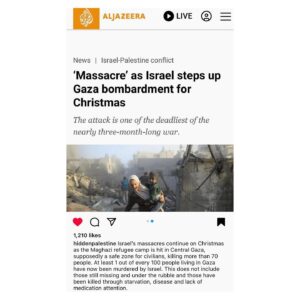 Oon Shu An Instagram - Have been very lucky this season to be surrounded by my loved ones, and been filled with lots of joy, strength, community. Also have much to be grateful for this year. Remembering that joy is part of resistance, that none of this is normal, and that grief and anger is a refusal to surrender what is human in us. ♥️

This is a painting by Heba Zagout. She and her children were killed in an Israeli airstrike. This is a painting she posted in December last year, Bethlehem/celebrations. In solidarity with our brothers and sisters in Palestine. 🍉