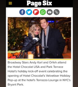 Orfeh Instagram - When @andy_karl   @orfeh host a 🎄 sing-a-long 🎤 at the @parkterracehotel with @hotelchocolatusa serving up hot cocoa and and espresso 🍸.

🫶🏼Did @will.linendoll and I make a 🎄 music video with Orfeh and Andy?
🫶🏼Did @pompomcharlie sing backup for @andy_karl? 
🫶🏼Was there a Page Six article?
🫶🏼Was I reunited with my chosen family?
🫶🏼Did I give @orfeh my @rpzlrpzl headband because she is the 👸🏻?
🫶🏼Does @parkterracehotel’ 6th floor bar/terrace @terrazzobryantpark have the most perfect view of Bryant Park?

The answer is yes. And it’s all documented in this carousel♥️Happy holidays!

#bryantpark #parkterrace #orfeh #andykarl