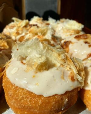 Paola Velez Instagram - Quesito donas (donuts) | cream cheese filling, leche icing, candied puff pastry 

#quesito