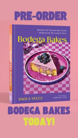 Paola Velez Instagram - SURPRISE! BODEGA BAKES is now available for pre-orders! 
Bodega Bakes is my love letter to Dominican and Americana baking, technicolor, NYC, THE BRONX & our childhood corner stores (La Bodega). 
Foreword by the absolute bestest @christinatosi 
With 100  recipes including y’all’s faves THICK’ems, plantain sticky buns, tortas and so much more!!! 
I can’t wait to see you baking from this book! Available everywhere haha!!! (But visit my website to find all the links 😉) 

Thank you to the amazing Chefs and wonderful humans who gave blurbs for this book! @jacquespepinfoundation @gailsimmonseats @doriegreenspan @carlaphall @mashamabailey @cherylday 

And to the amazing team that put this wonderful book together. (They worked so hard to make it perfect, perfect, perfect!) 
My cowriter @egtimberlake 
Photographer @laurenviedallen 
Food stylist @hadleysui 
Prop stylist @summer_stylist 
Editors @amandaenglander & @clo_nyc 
The whole @unionsqandco team! 
@ricasuave my awesome book agent
 @taa_pr (@abakwawu @theashleydc @gansie) my publicists
& of course my BOO @h_papi 

Publishing on October 1st, 2024 

#bodegabakes #cookbook #bookstagram #coverreveal #unionsquareandco #dominicanchef #dominicancookbook #pastrychef #bombesquad #chefpaolavelez #bronx