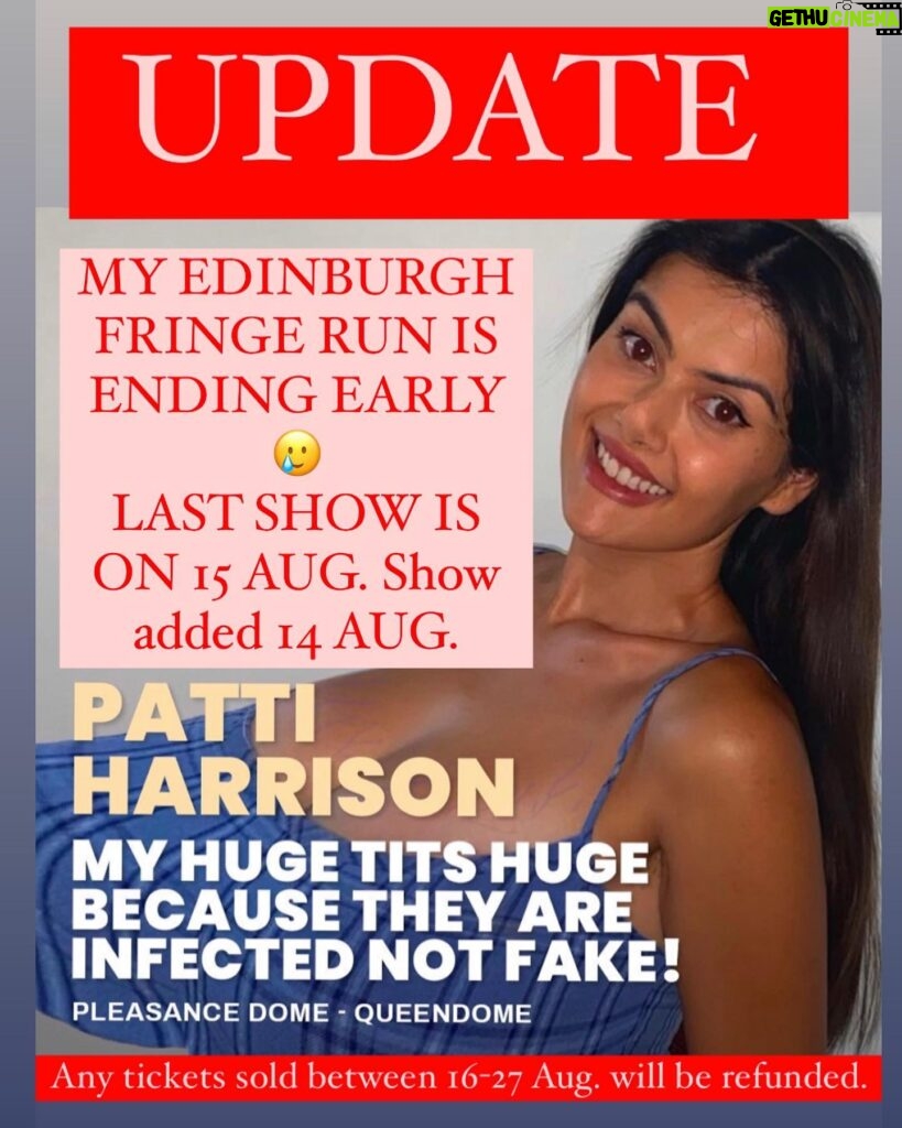 Patti Harrison Instagram - UPDATE: It is with a heavy chest that I have to end my run of shows at Edinburgh Fringe early this year, & must cancel my shows from 16 Aug onward 🥲My last show will now be this Tuesday 15 Aug. I’m sorry to anyone who grabbed tickets for those shows early- you will be refunded. We are adding an additional show this Monday the 14th. 🕊️🥹 This has been the most fun I’ve had doing a show & I am planning more soon 🫦☁️