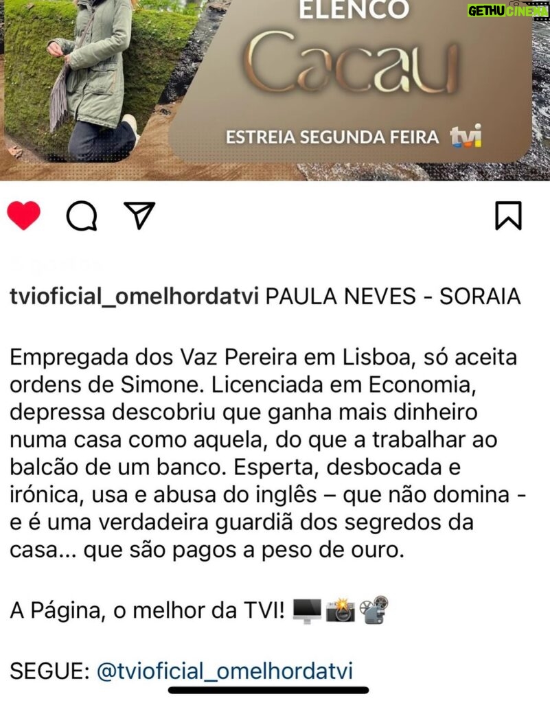 Paula Neves Instagram - Estreia já na segunda-feira na TVI! Que emoção! A novela esta linda e estou ansiosa para que vejam :)