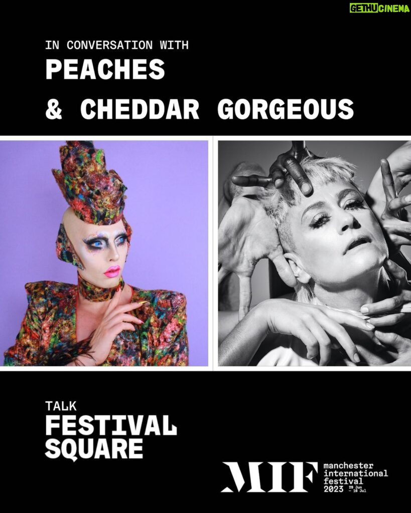 Peaches Instagram - Can’t wait to chat with @cheddar_gorgeous tomorrow July 5 at Manchester International Festival! Entry is free and @planningtorock plays after the panel ❤️‍🔥 Info at factoryinternational.org @factory_international #teachesofpeaches #peachesnisker #drcheddargorgeous #MIF23 #manchesterinternationalfestival