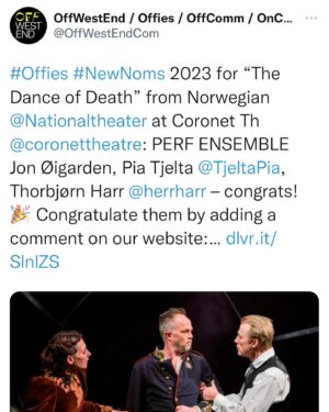 Pia Tjelta Instagram - Her runda yndlingsgutta og jeg 8 mnd med Strindberg og kom hjem til nominasjon for beste ENSEMBLE på Off West End Awards!! 🖤 Takk regigeni @maritmoumaune