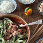 Poh Ling Yeow Instagram - Honestly, it doesn’t get any easier but also the amount of flavour you can get from steaming! Also, also I forgot to film sprinkling a few drops of sesame oil over everything at the very end which makes such a huge difference. STEAMED GINGER CHICKEN with LAPCHEONG & SHIITAKE MUSHROOMS | Feeds 4 450g Family Pack @sunrice microwave Jasmine rice 1 kg chicken thighs, cut into bite size pieces 4 lapcheong or Chinese sausage (available at supermarkets in Asian section or Asian grocers) 1 cup dried shiitake mushrooms, soaked in freshly boiled water for about 20 mins *, sliced thinly 3 Tbs peeled, shredded ginger 1 long, red chilli, sliced thinly SAUCE 2 Tbs Shaoxin rice wine 1.5 Tbs light soy 2 tsp sugar 2 Tbs wheaten cornflour 2 Tbs oyster sauce Few shakes of white pepper 1 bunch asparagus, fibrous ends snapped off, sliced 5mm on a diagonal 1 tsp sesame oil 4 stalks spring onion, sliced finely Combine the chicken, lapcheong, shiitake mushrooms, ginger and chilli in a heatproof dish with a high side. Stir all the sauce ingredients in a snall bowl until smooth. Pour over chicken & co and mix well. Steam on a trivet in a wok or large pot, covered for about 12 mins or until the chicken is cooked through. Add your veg - bok choi, gai lan, broccolini or iceberg lettuce are all suitable but steam only until the veg still retains a crunch. Garnish with spring onions and a little sprinkle of sesame oil over the top. Cook the Jasmine rice following packet instructions and serve immediately with the chicken. * if you want your shiitake to be more flavourful, you can rehydrate them in the usual boiled water but season the water with light soy and sugar to taste OR as a guide - for 2 cups of water I’d use about 2 Tbs soy and 1.5 Tbs sugar #sunrice #pohsricekitchen