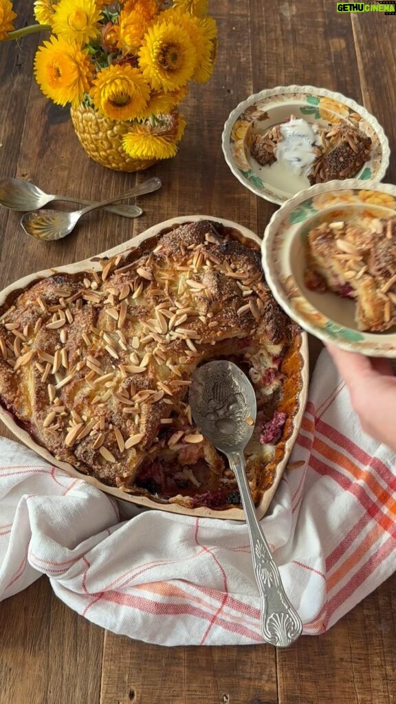 Poh Ling Yeow Instagram - This one’s for anyone who’s lost their Mama. Miss you like crazy Mum, especially when I bake…. A relaxing lil recipe to make for a sweet Mother’s Day brekky or brunch. Hug your mothers hard for me and ENJOY ♥️🥰 Raspberry & Almond Croissant Pudding | Feeds 10 …………………………………………………………………………… Butter for greasing 3 large croissants, thickly sliced then torn 1 1/2 cups frozen or fresh raspberries (any berry you like really!) 2 Tbs dried currants Few Tbs raw sugar for crust 1/3 cup slivered almonds CUSTARD 3 large eggs 1/2 cup caster sugar Splash of vanilla 2/3 cup milk 2/3 cup cream Grease 2L capacity ceramic baking dish well. Preheat oven to 160-170*C FF. In a medium bowl whisk eggs and sugar well. Add remaining custard ingredients and whisk until combined. Add the croissant pieces and nudge them so they are submerged. Sprinkle half the raspberries & half the currants on the base of the dish, then arrange half the soaked croissant pieces to cover the fruit evenly. Repeat, then pour the remaining mixture over the top. Squidge it all down gently with your fingertips then sprinkle a generous layer of raw sugar evenly over the top. Sprinkle on the almonds evenly. Place the whole thing in a larger oven pan filled 1/2 way up the pudding dish height with hot water. Bake on the middle oven rack for 30-45 mins or until the top of the pud is deeply golden. Serve with sweetened pouring cream and add a dash of Frangelico if you’re feeling cheeky 😋