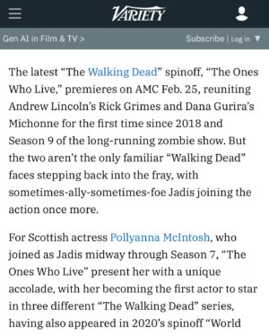 Pollyanna McIntosh Instagram - Hello You! Here’s some of (swiper) a Variety @variety piece that Alex Ritman  @ritmania did on me for The Walking Dead: The Ones Who Live coming out TODAY!!! Thanks to Alex and to @tina_turnbow for the pic. Link to full article in bio.
Can’t WAIT to hear what you think about the show…?
In the USA you can watch it on AMC or AMC  and here’s a list of other countries’ streamers. If you don’t see your country it will be announced as streaming where you are soon… Big love ❤️✌️
Australia: Stan
Austria: Canal  
CNE: AMC 
Germany: Magenta TV
Greece: Cosmote 
Japan: U-Next
Middle East: StarzPlay
Morocco: StarzPlay
New Zealand: TVNZ
Spain: AMC 
Switzerland: Sky 
Turkey: TurkCell

#TWD #TWDFAMILY #THEWALKINGDEADTHEONESWHOLIVE #THEWALKINGDEAD #THEWALKINGDEADFAMILY #JADIS #RICK #MICHONNE #THEONESWHOLIVE