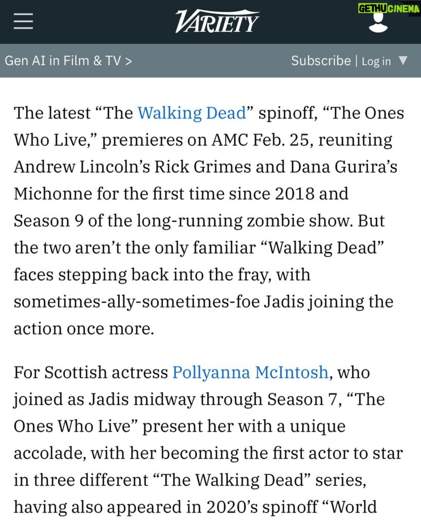 Pollyanna McIntosh Instagram - Hello You! Here’s some of (swiper) a Variety @variety piece that Alex Ritman @ritmania did on me for The Walking Dead: The Ones Who Live coming out TODAY!!! Thanks to Alex and to @tina_turnbow for the pic. Link to full article in bio. Can’t WAIT to hear what you think about the show…? In the USA you can watch it on AMC or AMC and here’s a list of other countries’ streamers. If you don’t see your country it will be announced as streaming where you are soon… Big love ❤️✌️ Australia: Stan Austria: Canal CNE: AMC Germany: Magenta TV Greece: Cosmote Japan: U-Next Middle East: StarzPlay Morocco: StarzPlay New Zealand: TVNZ Spain: AMC Switzerland: Sky Turkey: TurkCell #TWD #TWDFAMILY #THEWALKINGDEADTHEONESWHOLIVE #THEWALKINGDEAD #THEWALKINGDEADFAMILY #JADIS #RICK #MICHONNE #THEONESWHOLIVE