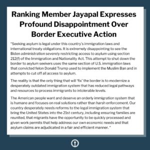 Pramila Jayapal Instagram - Today’s executive order on the border is extremely disappointing.

Fixing our immigration system means expanding legal pathways and providing the necessary resources, not enforcement-only policies that have failed for decades. Read my full statement at the link in my story.