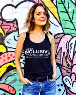 Priscilla Faia Instagram - My beautiful pals @divinepigeon & @kristamckeachie created these shirts to create the vibration to include rather than exclude. To remind us that we are all human beings who work better when we work together.  Partial proceeds go to Trigeminal Neuralgia awareness.  Link is in my bio!  #iamallinclusive
