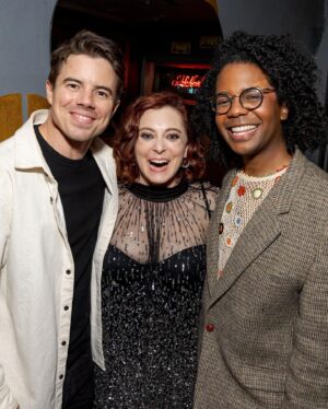 Rachel Bloom Instagram - We opened #deathletmedomyshow the other night and it was surreal. Thanks to @mikeandcarleeprods for making my dreams come true, @williamsburgpizza and @brookiescookiesnyc for the food and @pattilupone for giving us the best step-and-repeat photo of all time. 

Hair: @creightonbowman 
Makeup: @lisahoughton 
Styling: @arieltunnell 

Dress: @aliceandolivia 
Shoes: @larroude
Jewelry: @nickhorey
Clutch: @simitri.shop