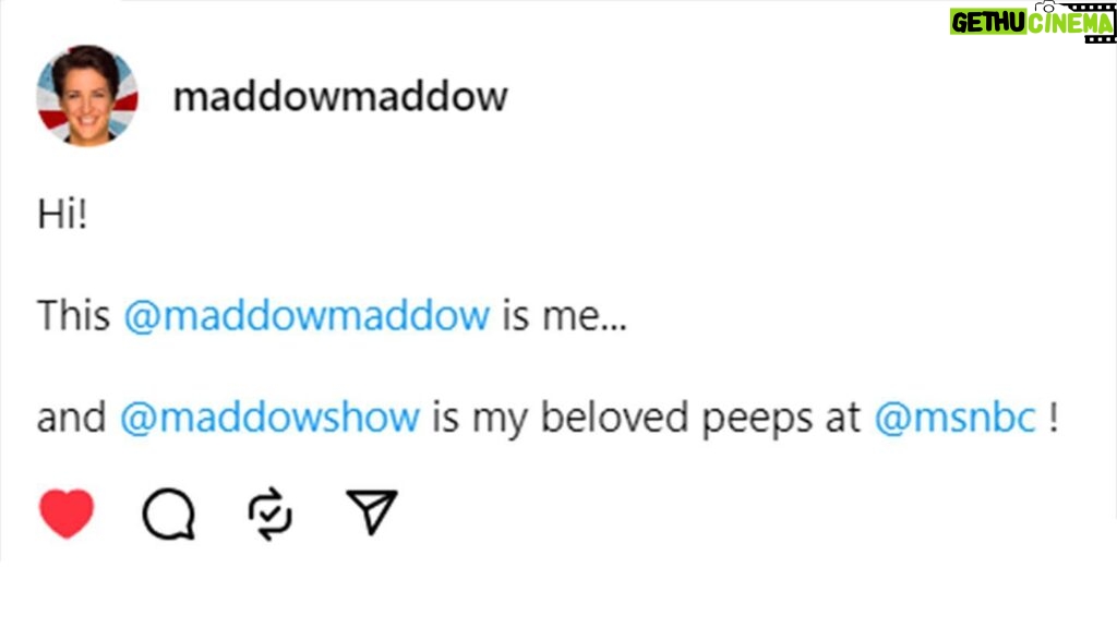 Rachel Maddow Instagram - Heads up! Rachel is using Threads! @MaddowMaddow is her personal account there. The IG side of that account is just a placeholder, which is why it’s set to “private.”