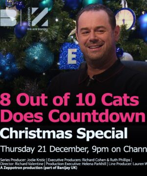 Rachel Riley Instagram - New show alert!!! There’s a BRAND NEW 8 out of 10 Cats Does Countdown Christmas Special, tonight 9pm @channel4. And who could be more Christmassy than Mr Danny Dyer. Well, apart from Joe Wilkinson, that is. Don’t miss it!🎅🏼

Also thanks to @queensofarchive for lending me this amazing, top of the Christmas tree style dress, loved it. 🫶🤩

#comedyspecial #8outof10catsdoescountdown #catscountdown #christmas #partydress