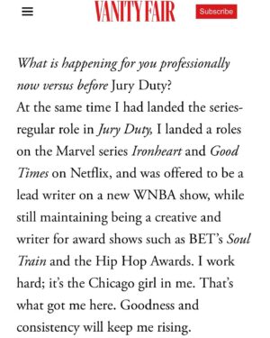 Rashida Olayiwola Instagram - #ThankYou @vanityfair and @karajwarner for the feature in the 1 year Anniversary of #JuryDuty as one to watch. I am extremely excited for my extremely bright future; and genuinely rooting for the futures of ALL involved in this life shifting show. 

s/o to god for always being in the details. #NeverFolded on me cause you Never Fold on me. Funny when others begin to see and know what I’ve ALWAYS seen, believed and known to be. And so it is so♥️✌🏾💫🚀

📸: @kevinscanlon #VanityFair