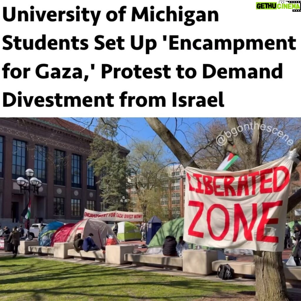 Rashida Tlaib Instagram - (News & Information Only) Students at the University of Michigan in #AnnArbor have established an ‘Encampment for Gaza’ in The Diag as part of a nationwide wave of protests demanding university divestments from Israel. This action follows the arrest of over 100 students from Barnard College and Columbia University. Similar protests are occurring at several universities including MIT, Tufts, Emerson College, NYU, The New School, Washington University in St. Louis, Vanderbilt University, and the University of North Carolina at Chapel Hill. Video: @bgonthescene for TCD News