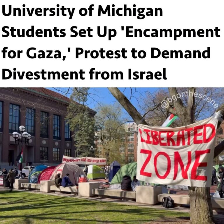 Rashida Tlaib Instagram - (News & Information Only) Students at the University of Michigan in #AnnArbor have established an ‘Encampment for Gaza’ in The Diag as part of a nationwide wave of protests demanding university divestments from Israel. This action follows the arrest of over 100 students from Barnard College and Columbia University. Similar protests are occurring at several universities including MIT, Tufts, Emerson College, NYU, The New School, Washington University in St. Louis, Vanderbilt University, and the University of North Carolina at Chapel Hill. Video: @bgonthescene for TCD News