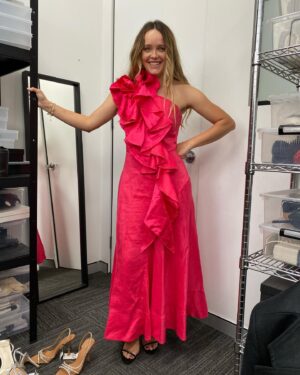 Rebecca Breeds Instagram - My dress was in honour of the Behati Prinsloo flower. 🌷And Bryan Browns trousers. I lit up the moment @jdos___ handed it to me. The perfect dress for the perfect night for the perfect show with the most perfect people. Thanks to all the wonders that brought it together and the biggest thank you to @thekickgurry for being a Maverick.  Styling @jdos___  Dress @_aje_  Makeup @sarahtammer  And my family at @bixiecolour @stella_bixiecolour @shereeknobel_bixiecolour for the fresh tone and styling for the night. 💕💕💕