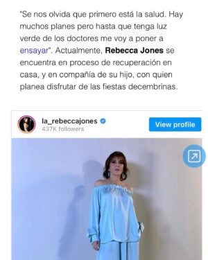 Rebecca Jones Instagram - GRACIAS GRACIAS GRACIAS!!! SUS ORACIONES, BUENOS DESEOS Y LLUVIA DE ENERGÍA POSITIVA, SIN DUDA HAN AYUDADO TREMENDAMENTE A MI RECUPERACIÓN. LES ASEGURO QUE CADA GOTA DE ESE AMOR TAN GRANDE QUE ME TIENEN, ES COMPLETAMENTE CORRESPONDIDO, Y PRONTO ME VERÁN DE NUEVO EN LA PANTALLA O YO LOS VERÉ CON ORGULLO Y AGRADECIMIENTO DESDE LAS TABLAS DE ALGÚN TEATRO. GRACIAS, GRACIAS GRACIAS ♥️♥️♥️♥️♥️♥️♥️♥️♥️♥️♥️♥️♥️♥️♥️♥️♥️♥️♥️♥️♥️♥️♥️♥️