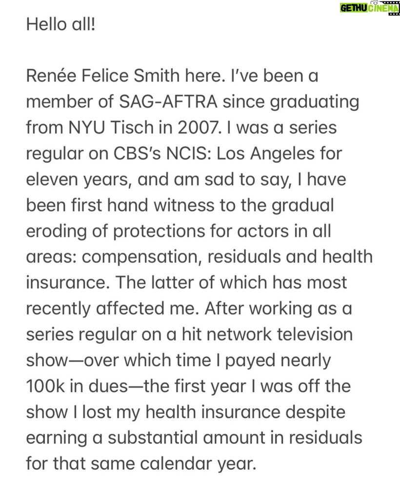 Renée Felice Smith Instagram - 📣📣📣📣📣📣📣📣📣 calling all @sagaftra members! THE TIME IS NOW! I implore you to write a letter in support of a strike authorization vote ASAP! Let’s not forget, they represent US. So, make your voice heard. Share this post! E-mail your letter to: governance@sagaftra.org serena.kung@sagaftra.org ATTN: ALL National Board Members and Officers: The working people of our industry greatly outnumber the studio executives. If we stand together against their corporate greed, we will win. 👊👊👊 National Board members: @seanastin @thejenniferbeals @sharibelafonte @nitashabhambree @mitchellbobrow @rodgerbrandon5 @yvettenicolebrown @actvocate @joannacassidyofficial @hicusick_ig @jessicamedinaactress @njduerr @dylanabby @haleisner @debbieevansstunts @francesfisher @nancyflanagan_ @ilyssafradin @androidegarcia @bradgarrett @supererniegram @stephenmckinleyhenderson @dulehill @thedavidjolliffe @phoebejonasnyc @mike_kraycik @rosedianeladd @xojodilong @melmackactingstudio @camrynmanheim @marymcdonaldinc @jmelen77 @matthewmodine @billfromboston @esai_morales @dannavarromusic @rosie @ron.ostrow @theebillyporter @lindapnyc @thesherylleeralph @michaelrapaport @albinokid1026 @patriciaheaton @courtneyrioux @iamrobschneider @sharonstone @towandaunderdue @lisaannwalter @olgabluesbabe @officialfrandrescher @benwhitehair