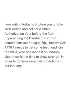 Renée Felice Smith Instagram - 📣📣📣📣📣📣📣📣📣
calling all @sagaftra members! THE TIME IS NOW! I implore you to write a letter in support of a strike authorization vote ASAP! Let’s not forget, they represent US. So, make your voice heard. Share this post! 

E-mail your letter to: governance@sagaftra.org 
serena.kung@sagaftra.org 

ATTN: ALL National Board Members and Officers:

The working people of our industry greatly outnumber the studio executives. If we stand together against their corporate greed, we will win. 
👊👊👊

National Board members: 
@seanastin @thejenniferbeals @sharibelafonte @nitashabhambree @mitchellbobrow @rodgerbrandon5 @yvettenicolebrown @actvocate @joannacassidyofficial @hicusick_ig @jessicamedinaactress @njduerr @dylanabby @haleisner @debbieevansstunts @francesfisher @nancyflanagan_ @ilyssafradin @androidegarcia @bradgarrett @supererniegram @stephenmckinleyhenderson @dulehill @thedavidjolliffe @phoebejonasnyc @mike_kraycik @rosedianeladd @xojodilong @melmackactingstudio @camrynmanheim @marymcdonaldinc @jmelen77 @matthewmodine @billfromboston @esai_morales @dannavarromusic @rosie @ron.ostrow @theebillyporter @lindapnyc @thesherylleeralph @michaelrapaport @albinokid1026 @patriciaheaton @courtneyrioux @iamrobschneider @sharonstone @towandaunderdue @lisaannwalter @olgabluesbabe @officialfrandrescher @benwhitehair
