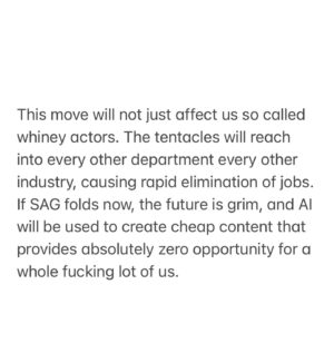 Renée Felice Smith Instagram - sending this out into the void. STAY STRONG 👊 @sagaftra Comprehensive AI protection or NO DEAL. There will be no “next time”. 
#insolidarity #sagaftrastrike

@officialfrandrescher @thesherylleeralph @duncanci @lisaannwalter @thesherylleeralph @francesfisher @seanastin @saraheramos @shaan_sharma

[I misspelled “whiny” and forgot a comma. Forgive me, I’m enraged at the state of things (as we all are) and trying to make whatever impact I can.]